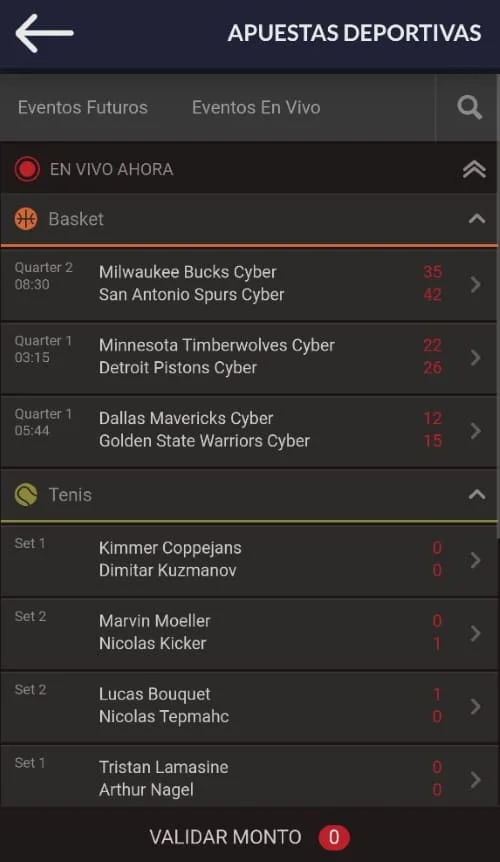 Pantalla móvil mostrando apuestas deportivas en vivo de baloncesto y tenis en Maya Palace