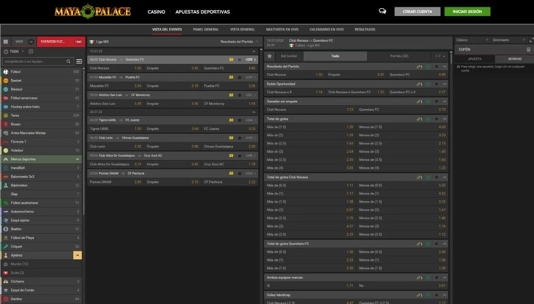 Vista detallada de apuestas en vivo para Liga MX con cuotas para partidos y mercados adicionales