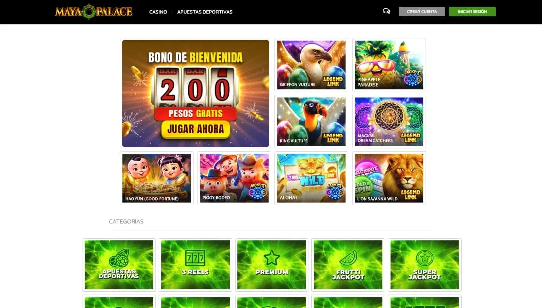Sección de bono de bienvenida en Maya Palace con promoción de 200 pesos gratis y juegos destacados