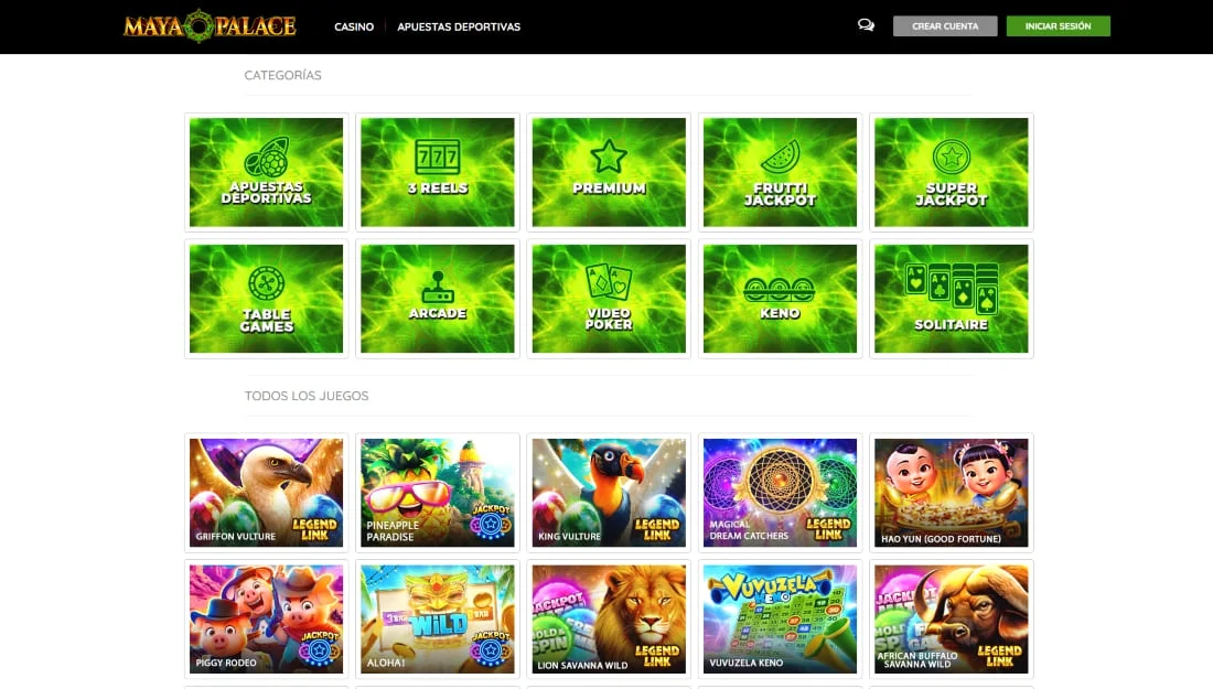 Vista de categorías de juegos en Maya Palace como tragamonedas, póker, keno y más con diseño verde brillante
