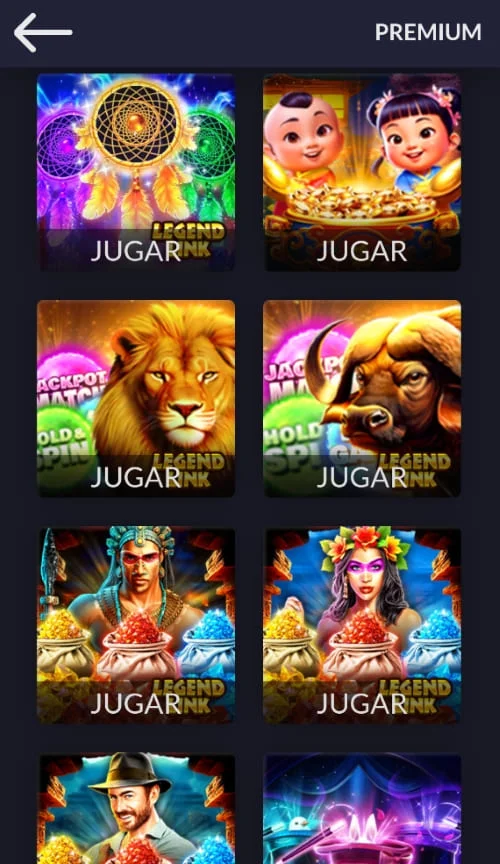 Vista móvil de juegos premium en Maya Palace con tragamonedas temáticas y opción de jugar