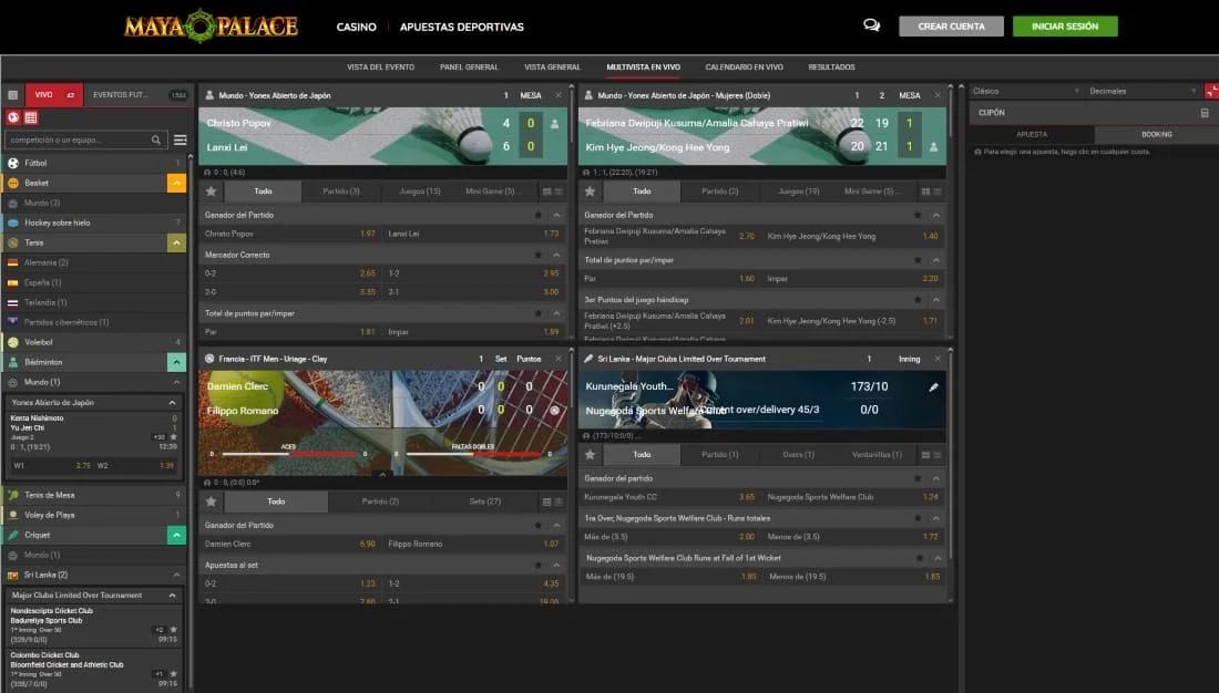 Pantalla multivista con transmisiones en vivo de bádminton, cricket y tenis con cuotas actualizadas