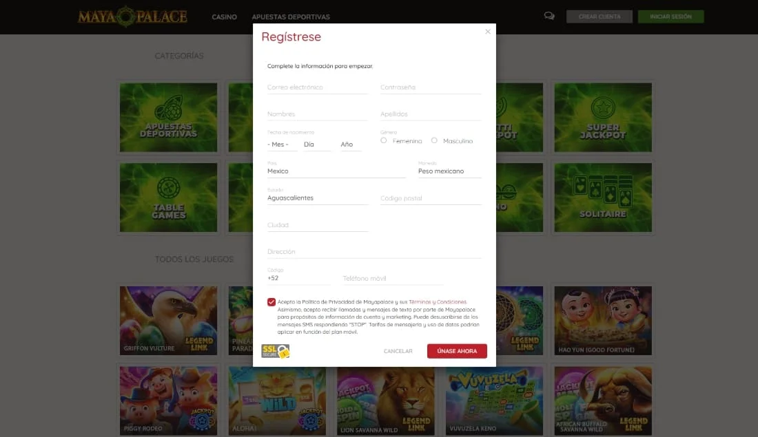 Formulario emergente de registro en Maya Palace con campos para correo, contraseña, país y teléfono