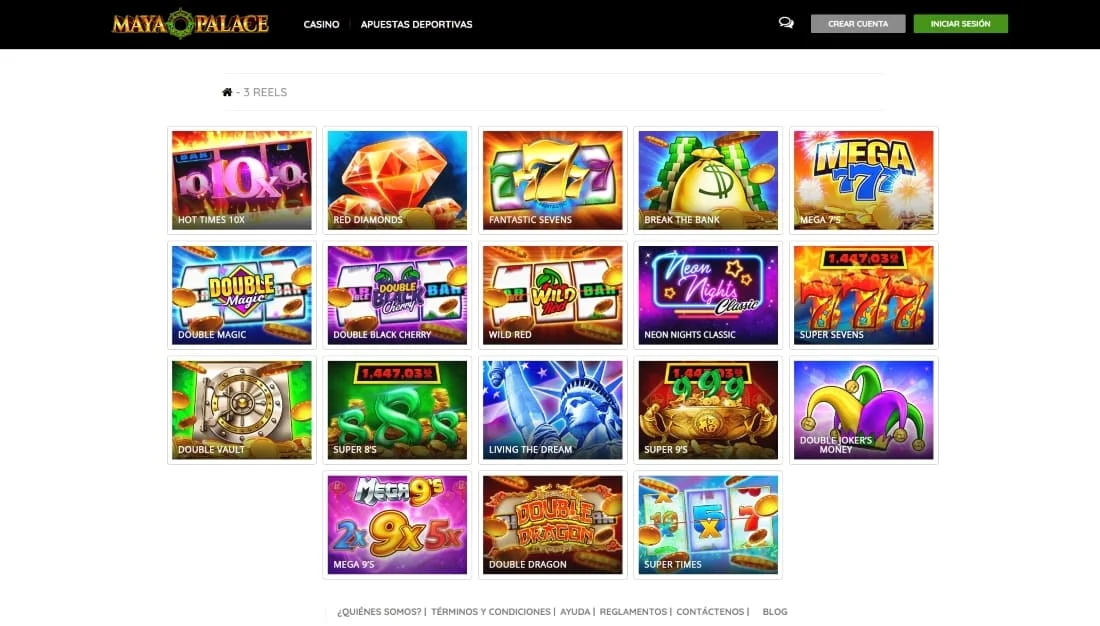 Pantalla de Maya Palace mostrando tragamonedas clásicas de 3 carretes con colores vibrantes y símbolos clásicos